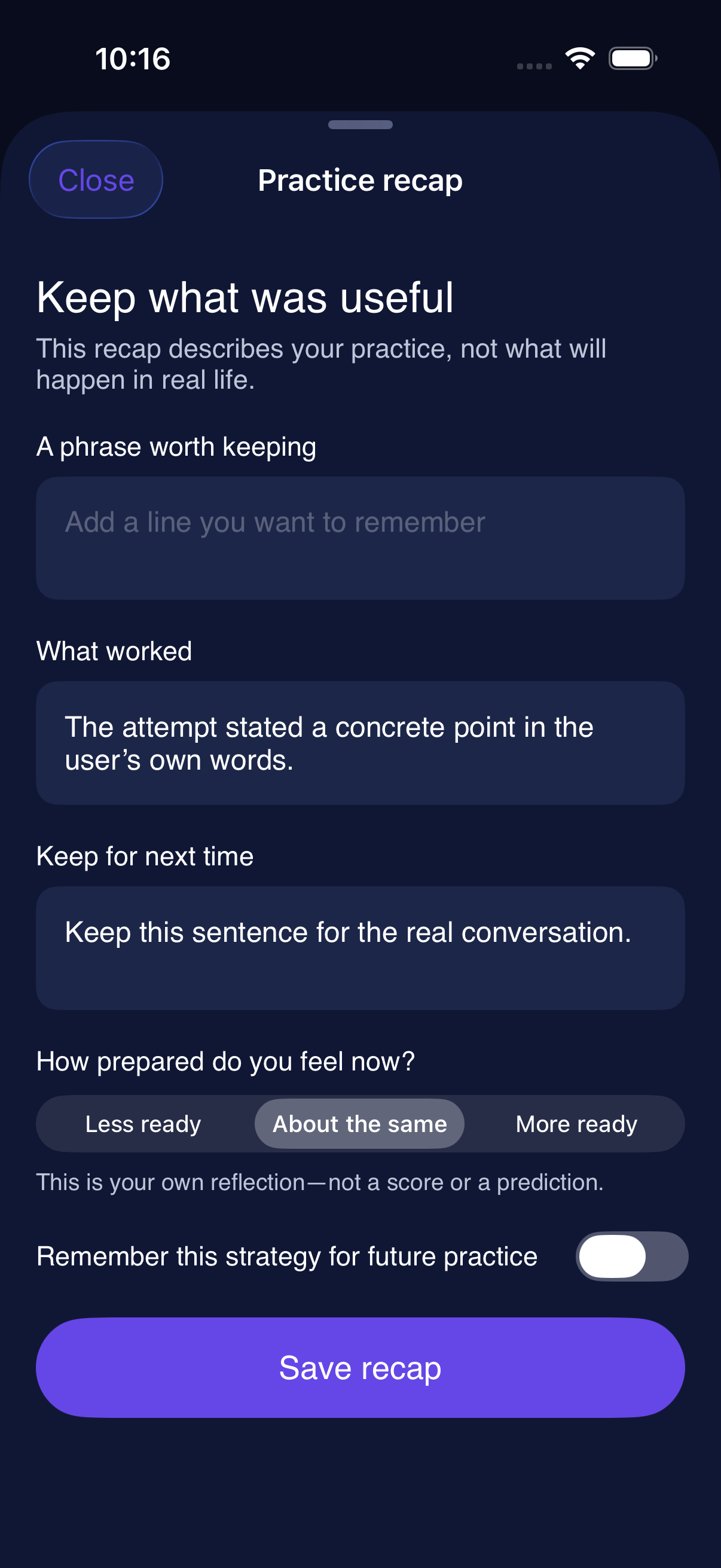 Auryvo practice recap screen with a user-controlled memory option