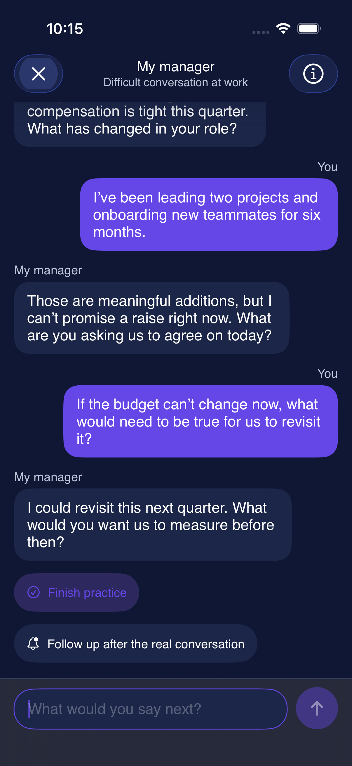 Auryvo roleplay screen showing a practice conversation with a manager
