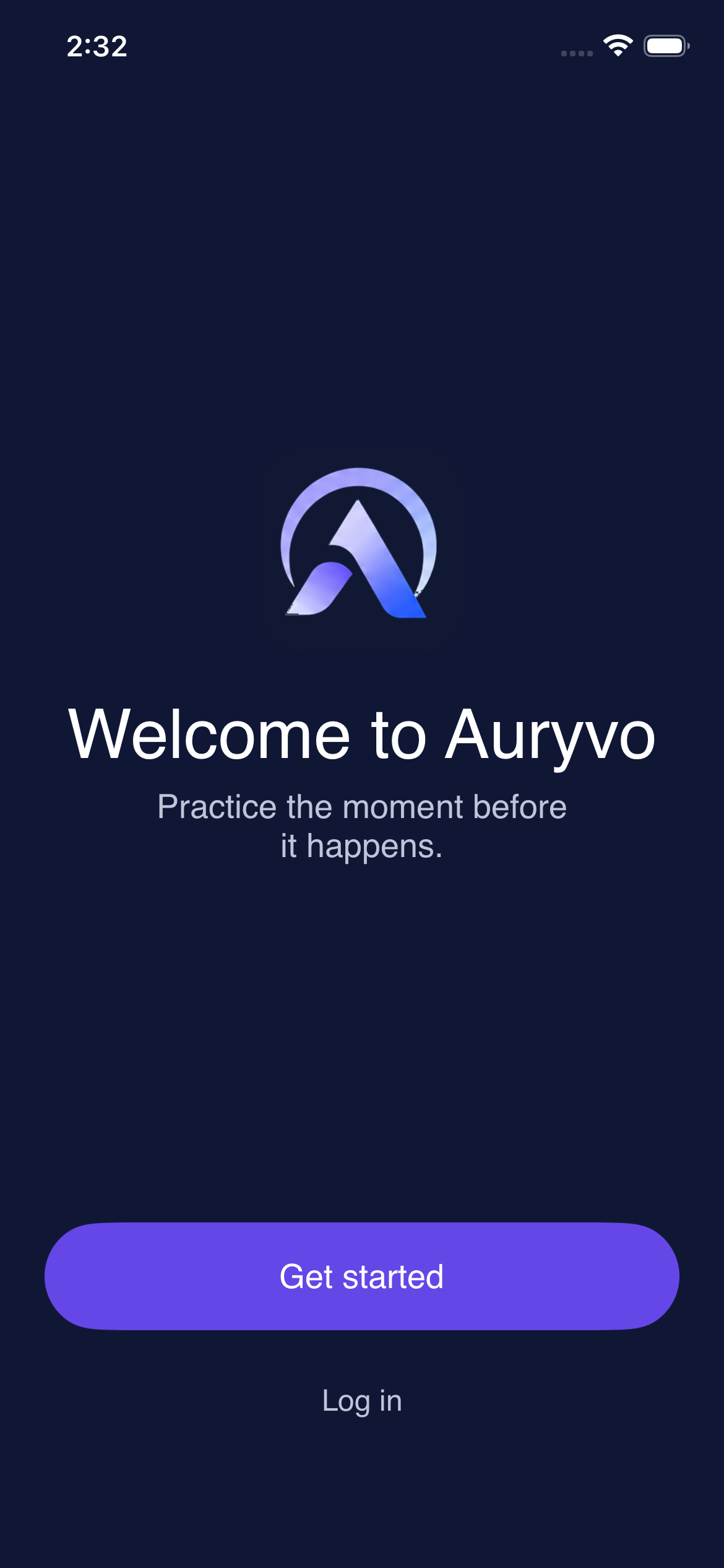 Auryvo welcome screen